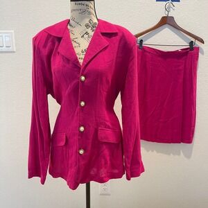 Studio C Vintage Pink Linen Blend Blazer Skirt Suit Set 12 career business‎